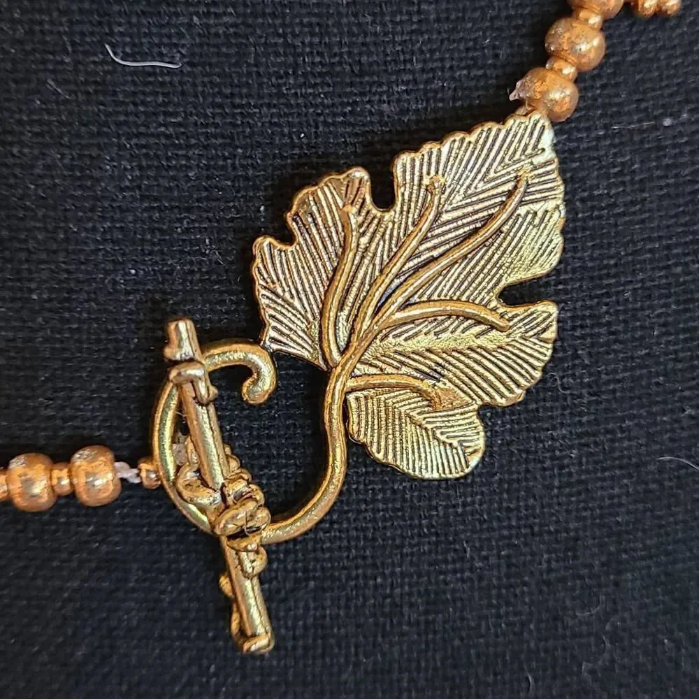Womens Soft Golden Orange Gold Leaf Closure Double Layer Seed Pearl Necklace